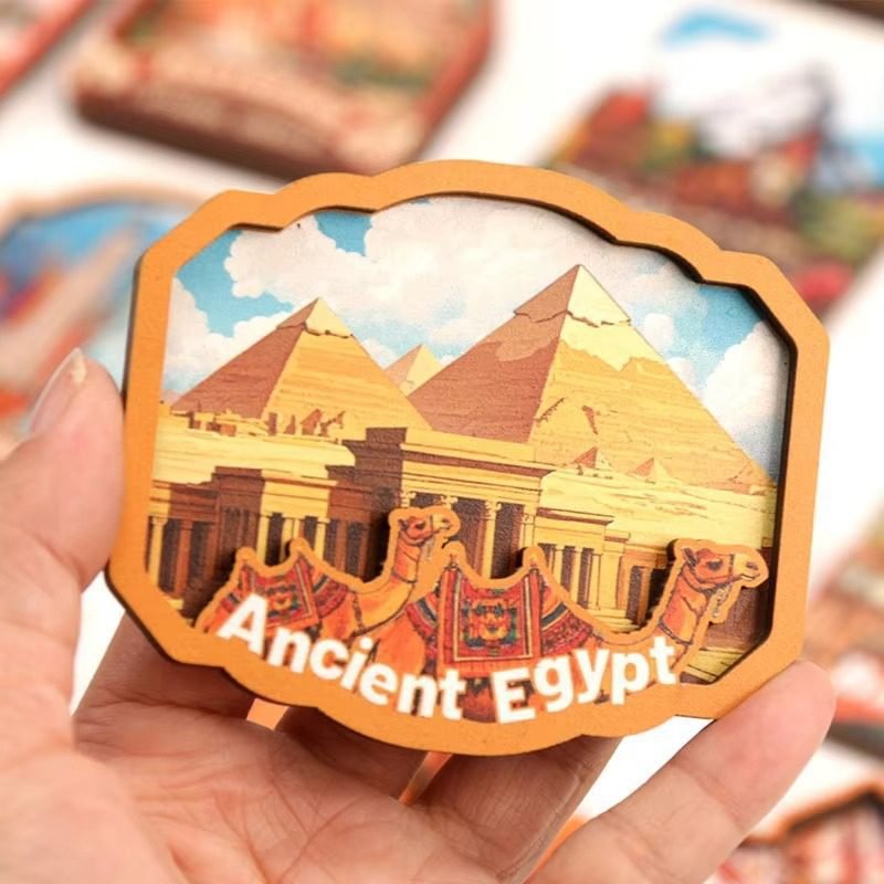 Ancient Egypt pyramid wooden fridge magnet with 3D layered design, cultural tourism souvenir OEM