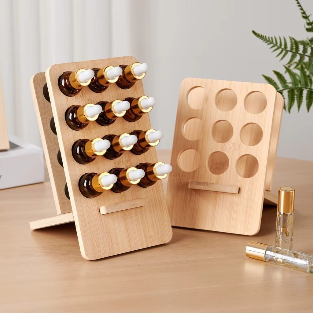 Bamboo essential oil display rack for organizing aromatherapy bottles