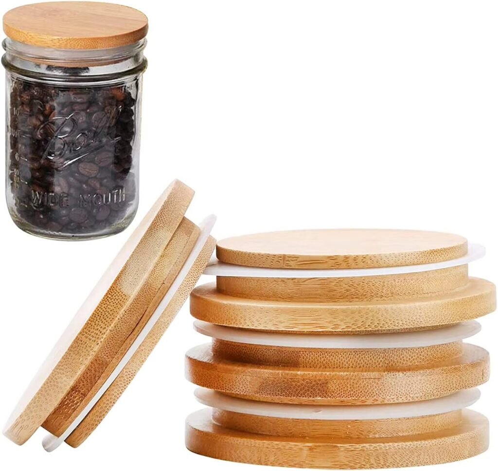 Bamboo jar lids with silicone seal for airtight food storage containers and eco-friendly kitchen organization