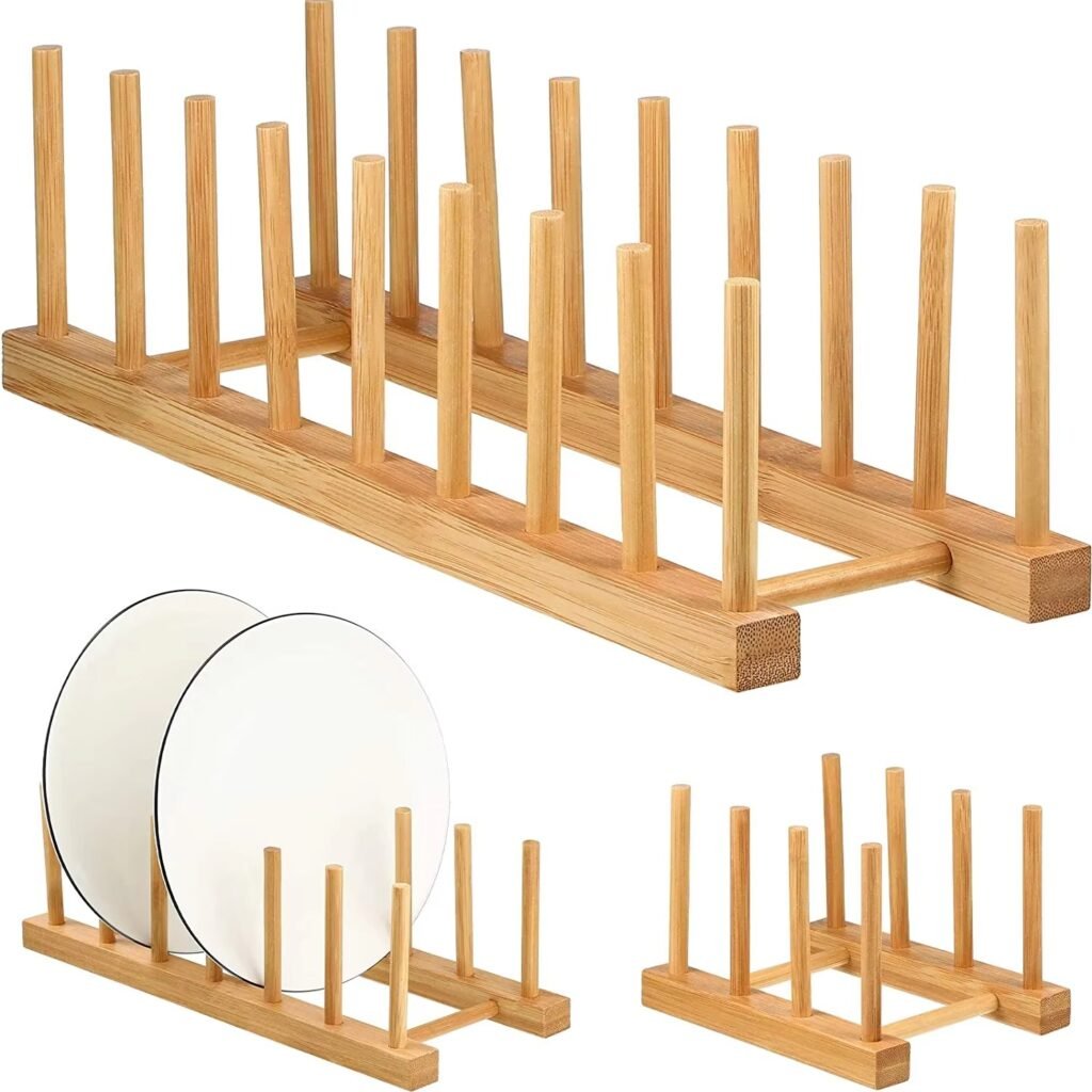 Expandable bamboo plate rack for kitchen storage and dish drying organizer