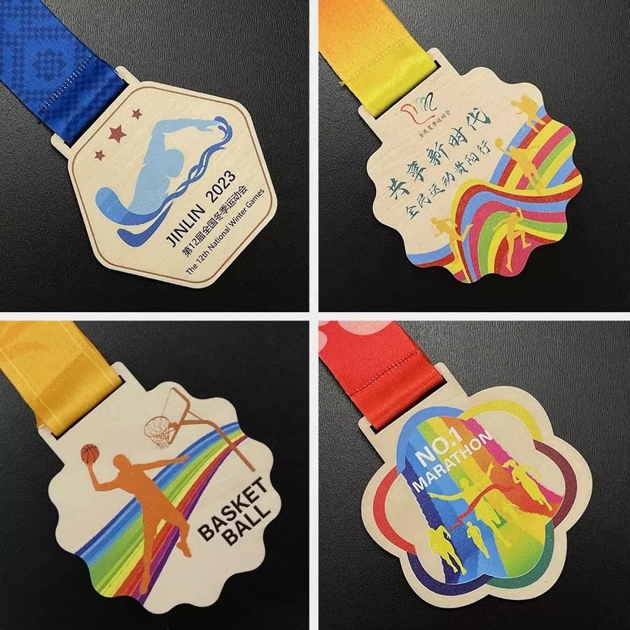 Custom wooden sports medal with ribbon, eco-friendly marathon award medal OEM