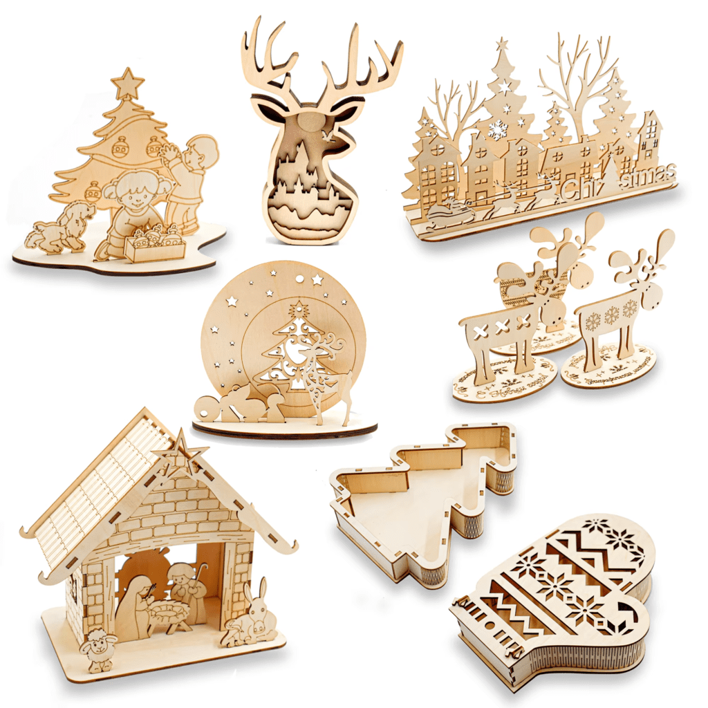 Custom laser cut wooden Christmas decorations set with ornaments reindeer figures nativity scene and gift boxes