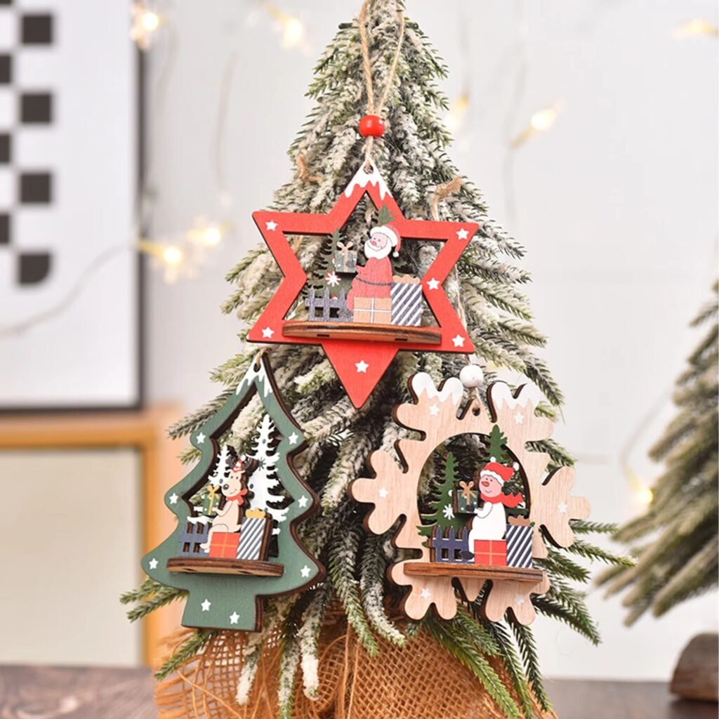 Custom shaped wooden Christmas ornaments with layered structure and color printing including star, tree and snowflake designs