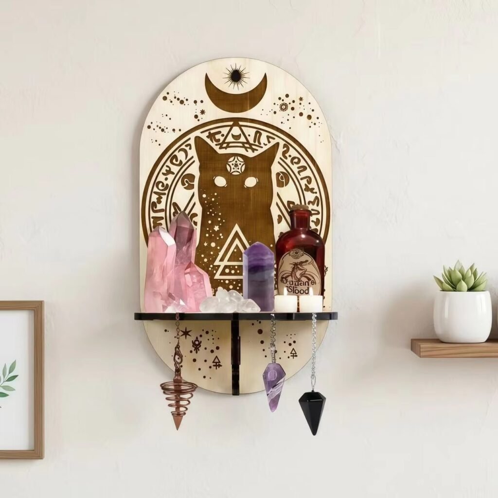Custom wooden cat altar wall shelf with celestial engraving for crystal display ritual storage and spiritual home decor