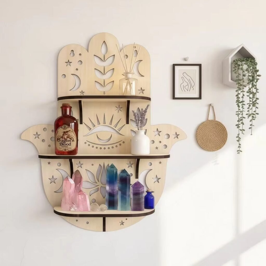 Custom wooden celestial 3-tier wall shelf with moon stars and eye design for crystal storage and spiritual home decor