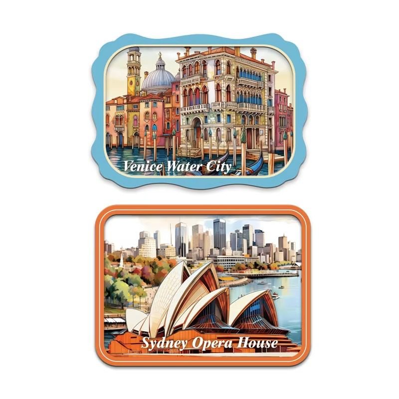 Custom layered wooden city souvenir fridge magnet with 3D landmark design for tourism gift shops