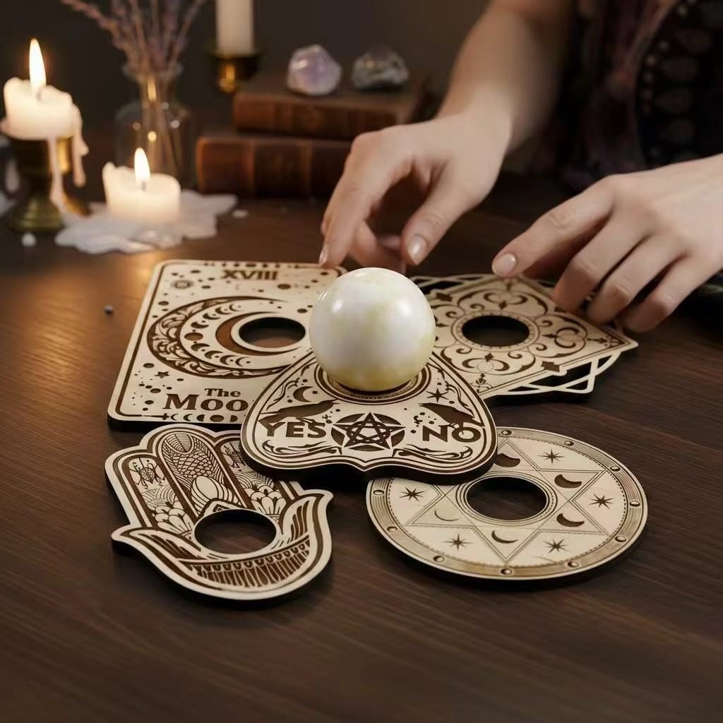 Custom wooden crystal ball holder board set with moon, Hamsa, and divination-inspired designs for altar décor and OEM wholesale
