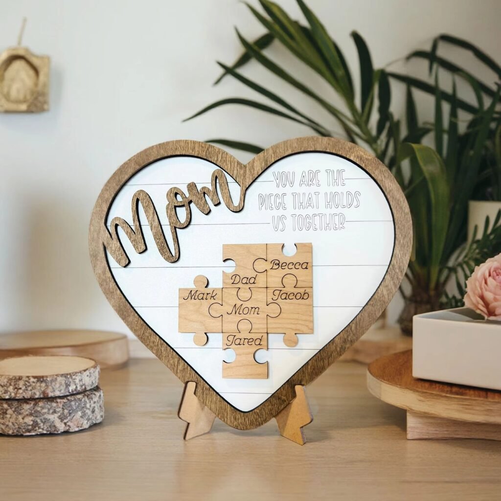 Wooden family puzzle plaque with custom names and heart-shaped Mom design for Mother’s Day keepsake gift
