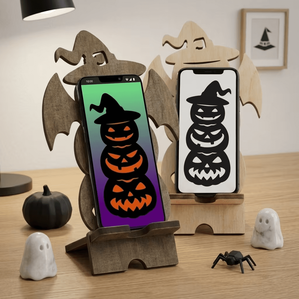 Wooden Halloween phone stand with laser cut pumpkin and witch design for festive desk decor