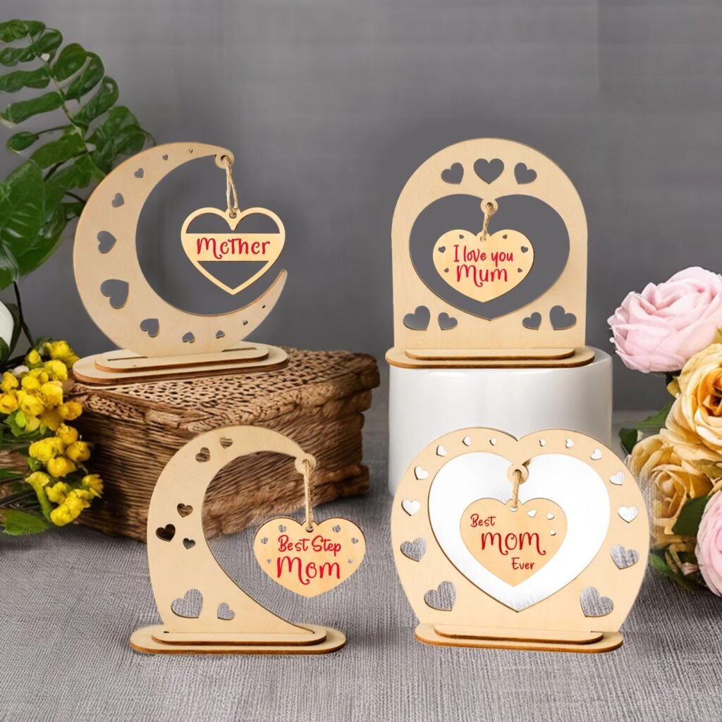 Personalized wooden heart keepsake with moon design for mom grandma family gift and home decoration
