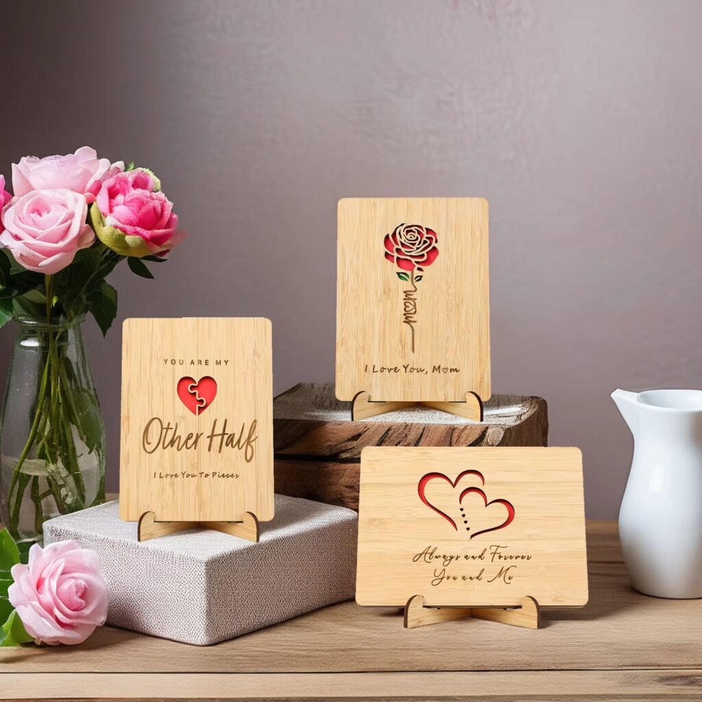Wooden gift plaque with engraved love quote and display stand for shelf desk bedroom and living room decor