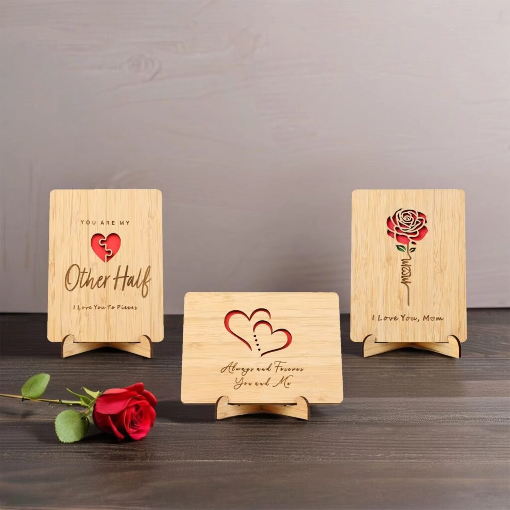 Wooden love message card with stand and laser engraved romantic text for couples wedding and Mother’s Day gift