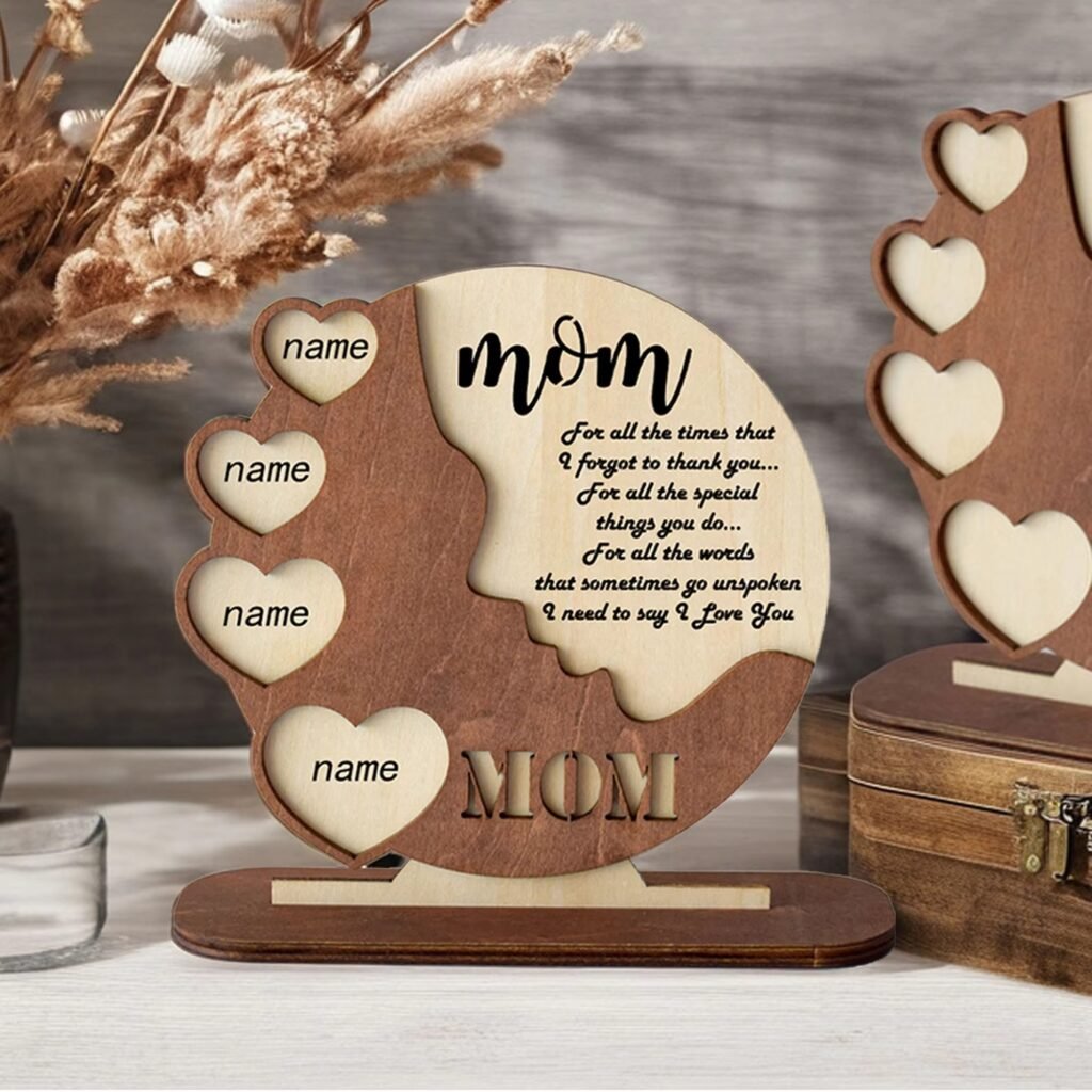 Wooden mom heart keepsake with names for grandma mother daughter gift and family room decoration