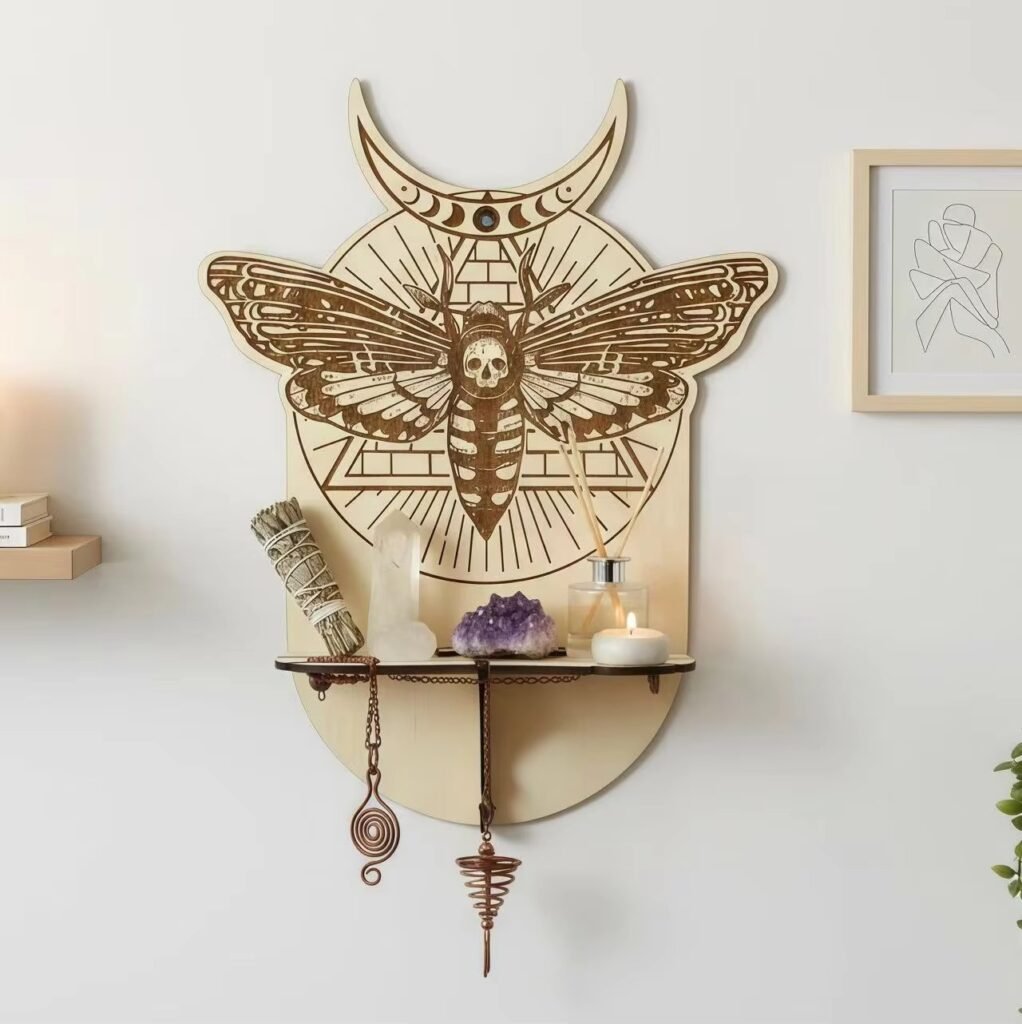 Custom wooden moth altar wall shelf with moon and sacred geometry design for crystal display and spiritual home décor OEM wholesale