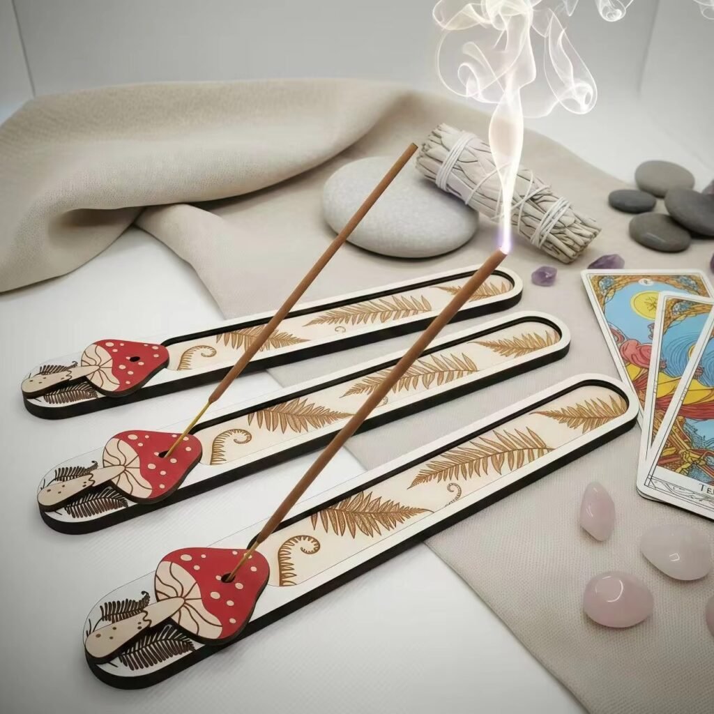 Custom wooden mushroom incense holder tray with botanical engraving for home fragrance, meditation, and OEM wholesale