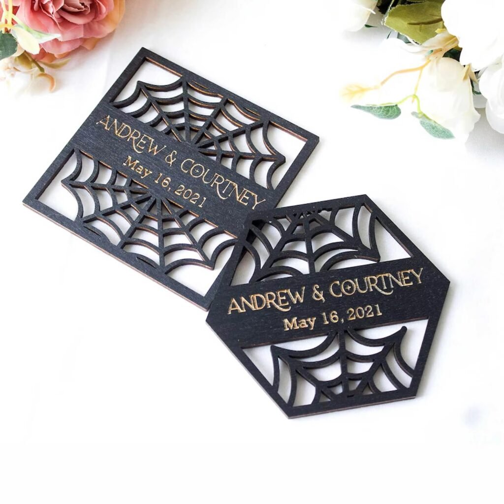 Custom wooden name place card with laser cut spider web design for wedding table seating decor