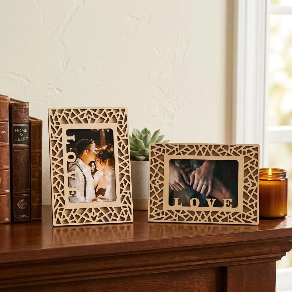 Laser cut wooden photo frame with LOVE design for wedding gift home decor and romantic picture display