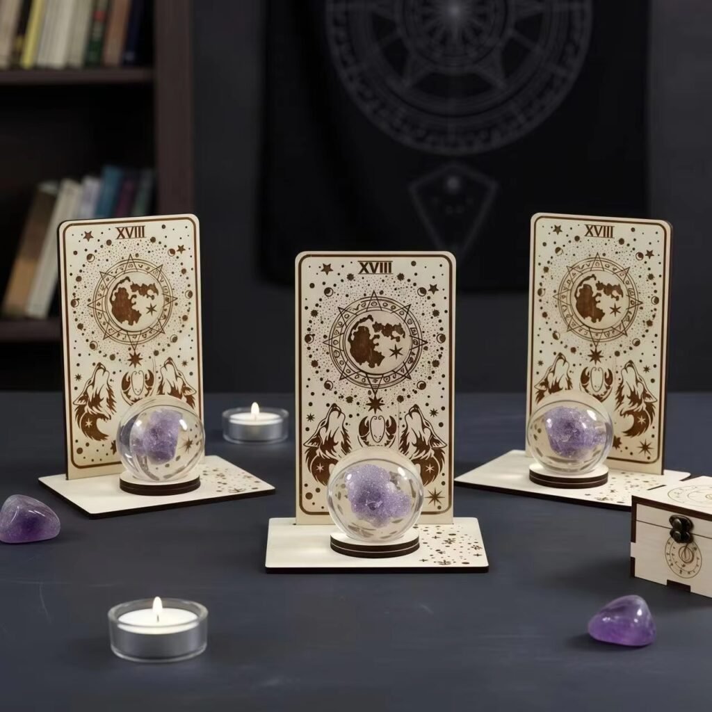 Custom wooden tarot crystal ball display stand with engraved celestial artwork for spiritual decor