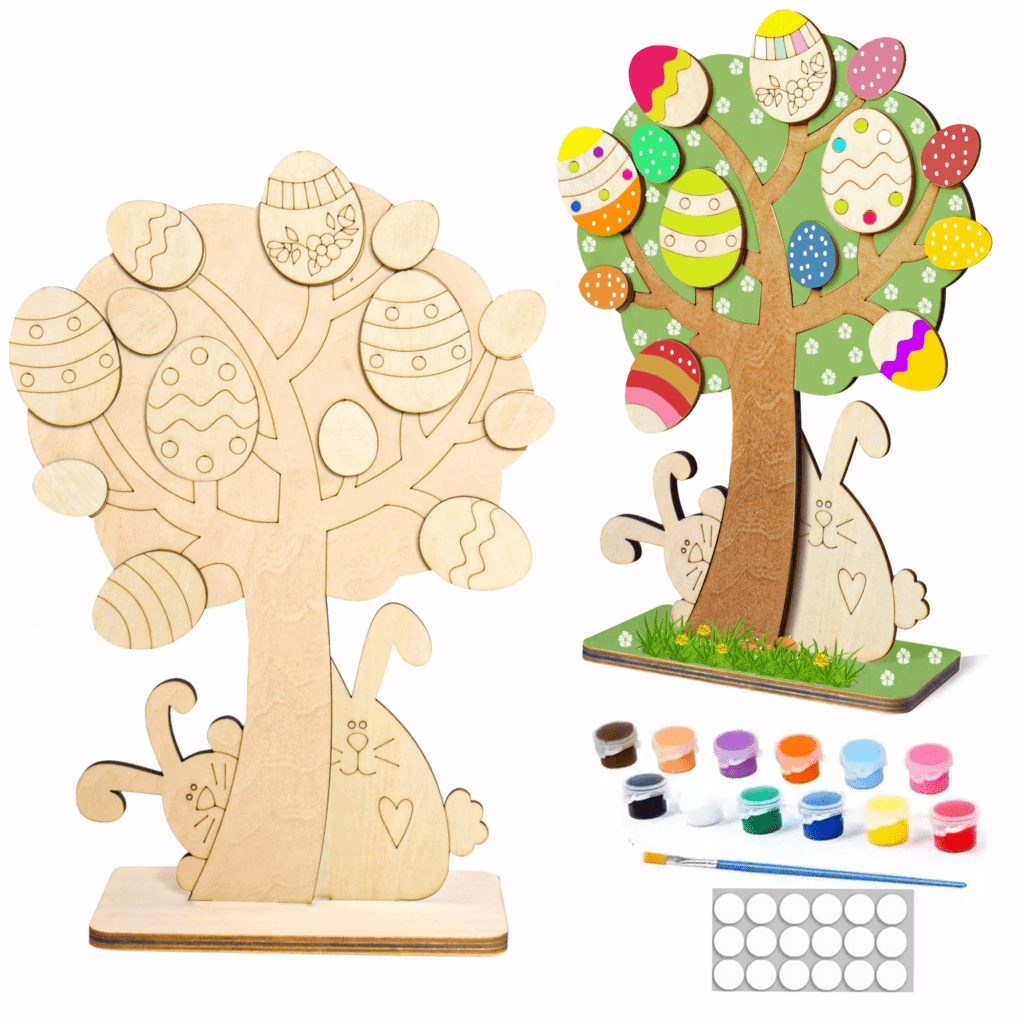 DIY wooden Easter egg tree painting craft kit with paints and brush for kids creative activities