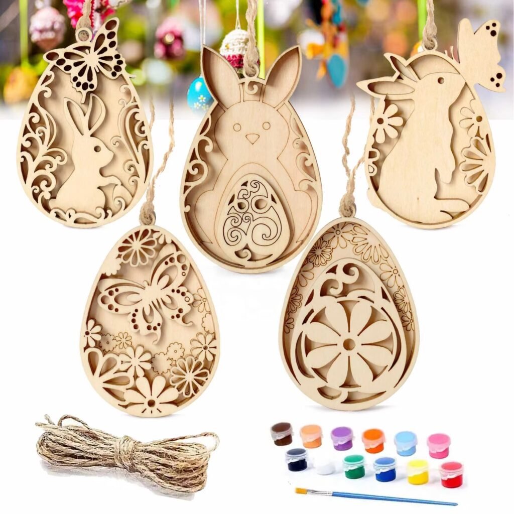 DIY wooden Easter hanging ornaments craft kit with paint set and rope for kids holiday decoration