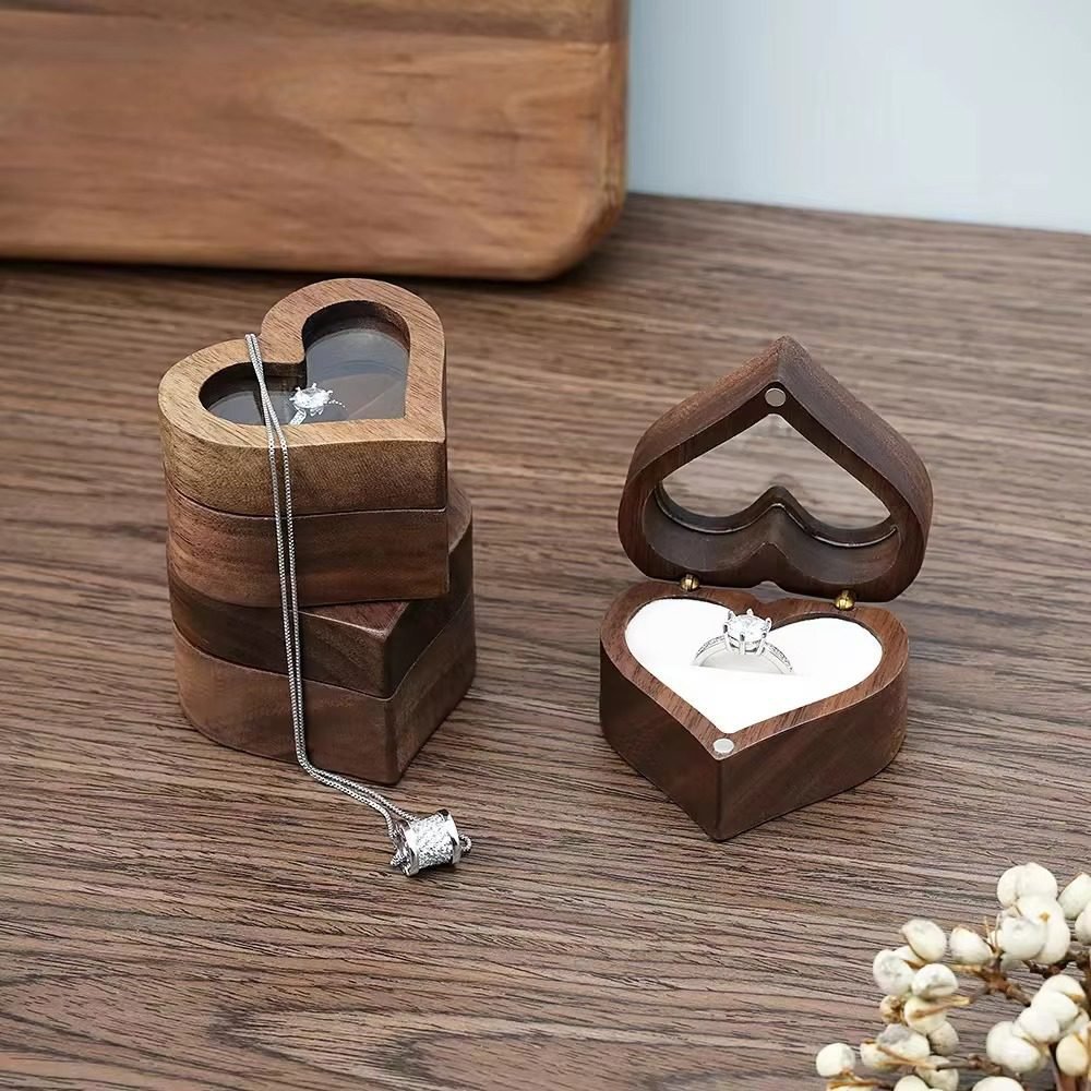 Heart shaped wooden ring box with velvet interior for engagement and wedding jewelry
