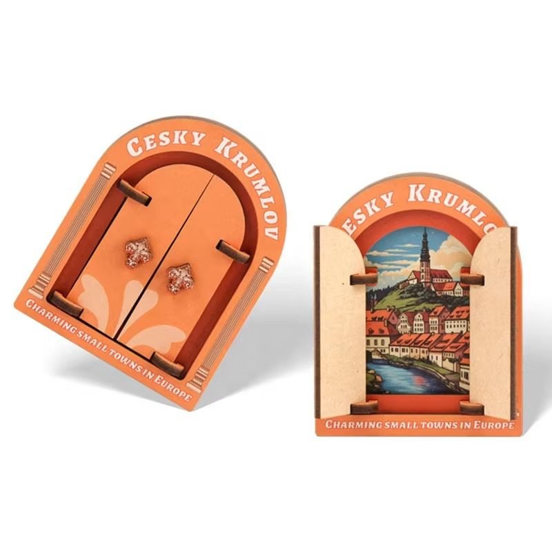 Interactive wooden fridge magnet with opening door design, European town souvenir custom OEM