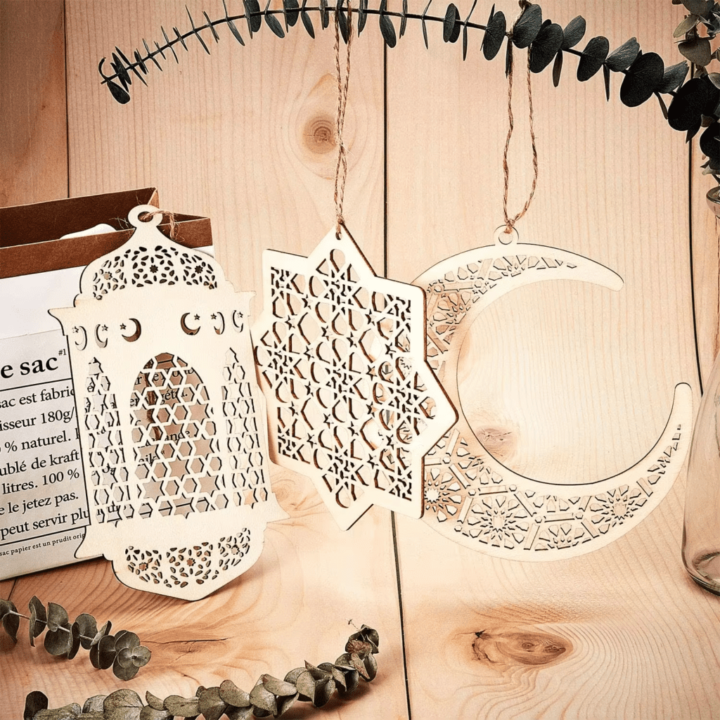 Islamic wooden hanging ornaments with crescent and lantern design for Ramadan string light decoration