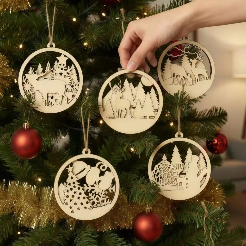 Laser cut wooden Christmas hanging ornaments set with deer and snowman designs for tree decoration