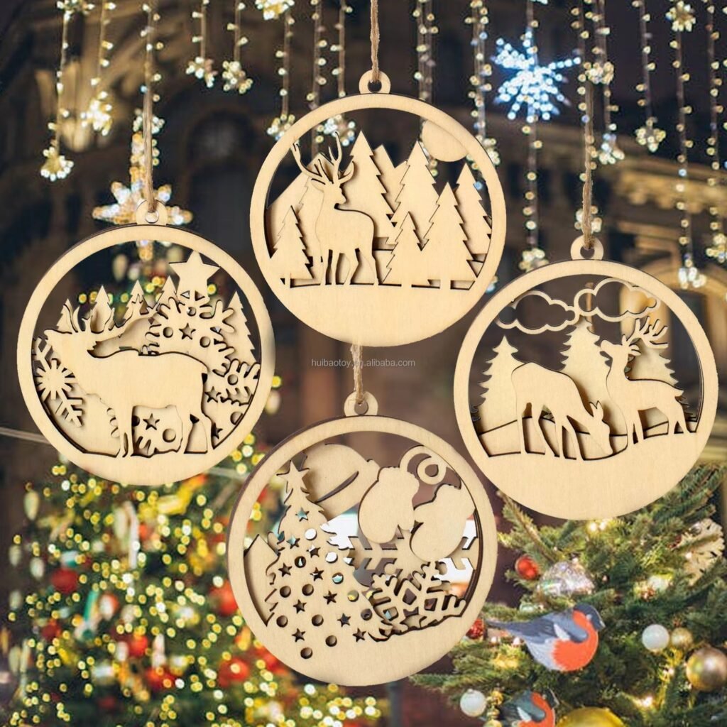 Custom wooden Christmas tree ornaments with laser cut holiday patterns for festive home decor