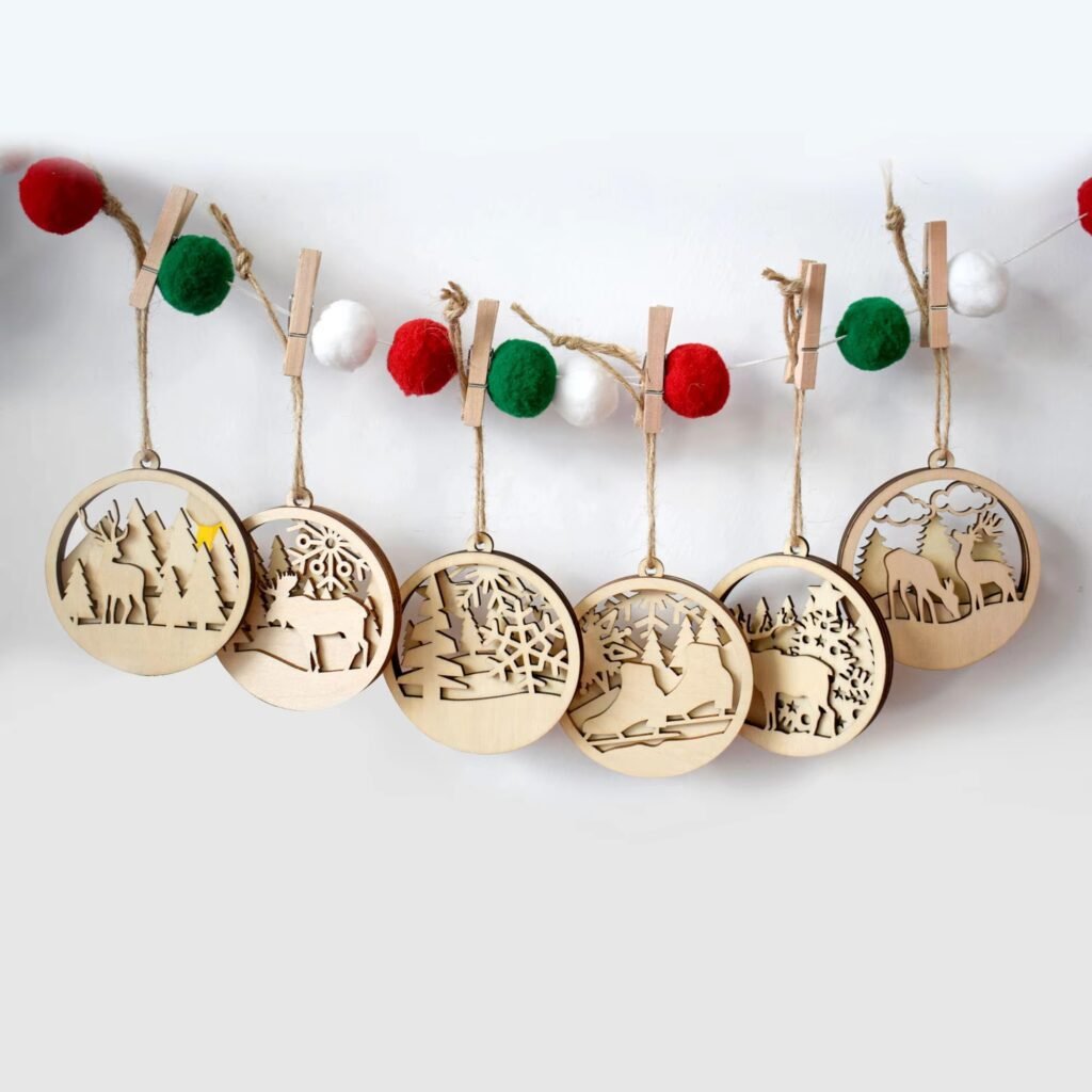 Layered wooden Christmas hanging ornaments with 3D laser cut deer and snowflake designs for premium tree decoration