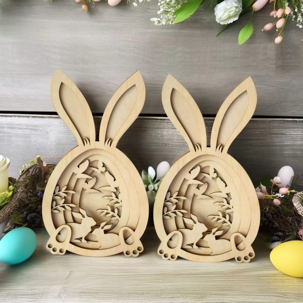Layered wooden Easter bunny egg ornament with laser cut hollow design for spring home decoration