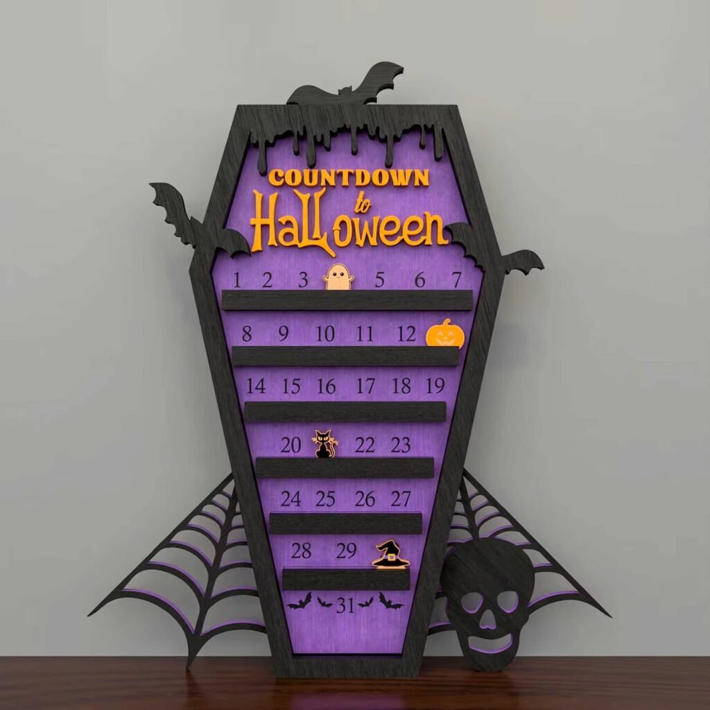 LED wooden Halloween countdown calendar with coffin shape laser cut design and backlight for interactive holiday decor