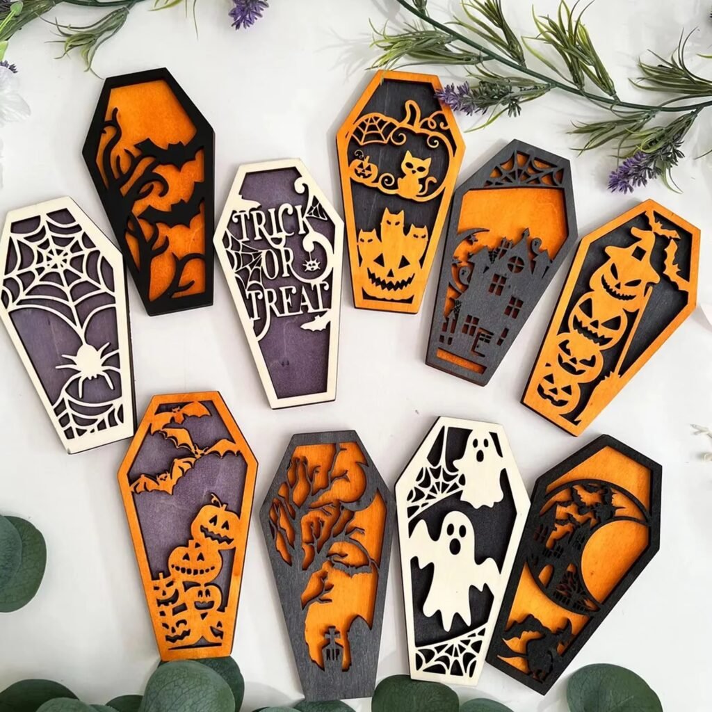 Wooden Halloween wall decor with coffin shape layered laser cut design and ambient backlight for spooky home decoration