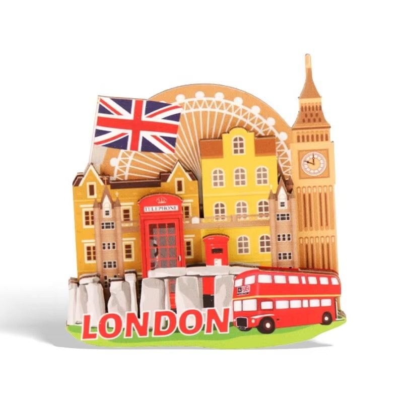 London 3D layered wooden fridge magnet with Big Ben, red bus and London Eye for tourism souvenir OEM