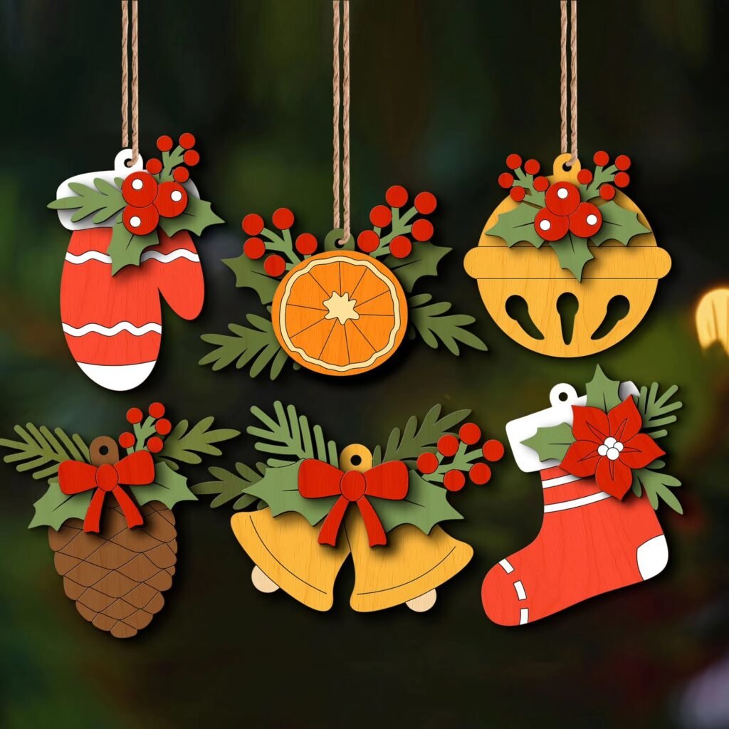 Natural style wooden Christmas ornaments with holly, pinecone and fruit elements using layered laser cut and color printing