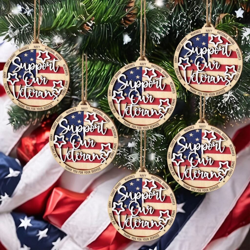 Patriotic wooden Christmas ornaments with USA flag design and support our veterans message using layered and color printed wood