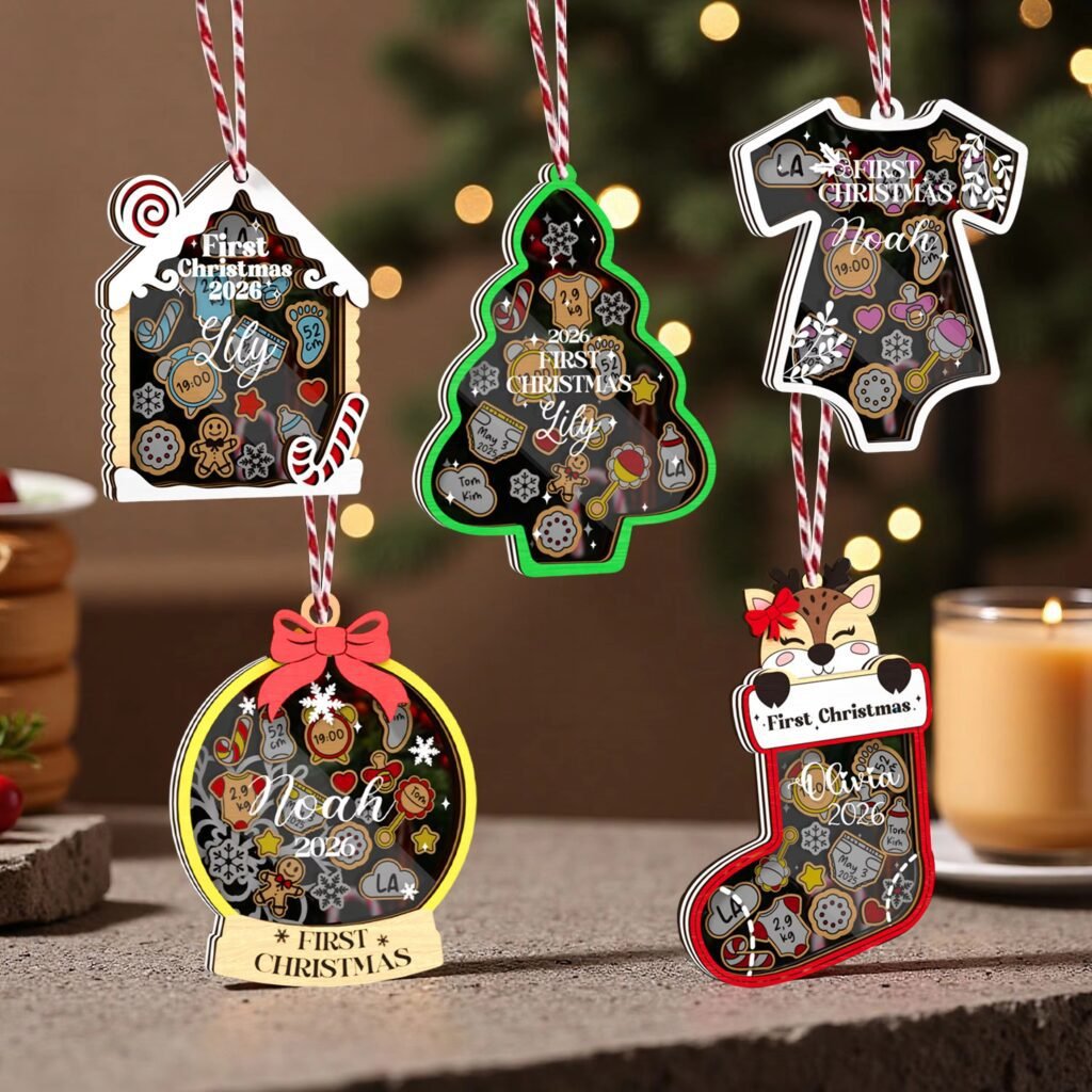 Personalized baby first wooden Christmas ornaments with acrylic insert and full color printed custom data design