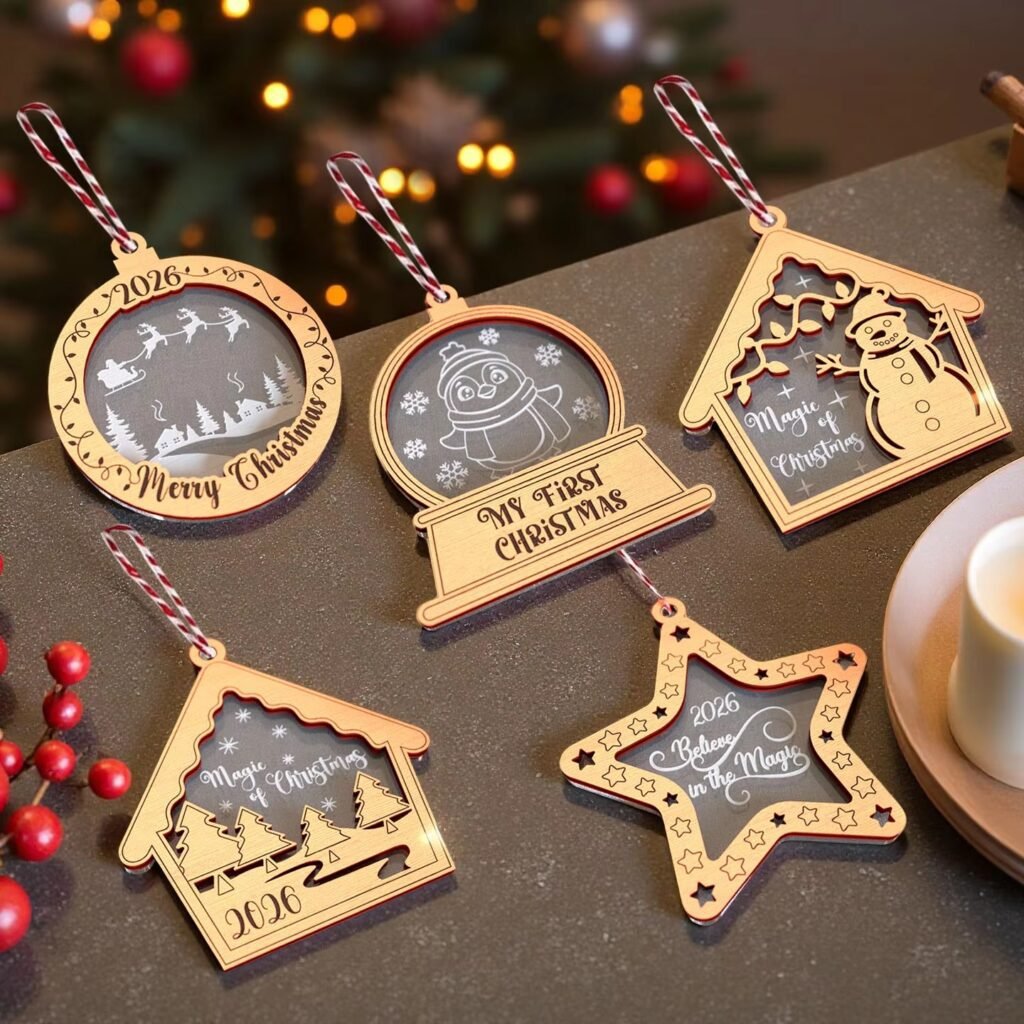 Personalized wooden Christmas ornaments with acrylic window and engraved text for custom holiday gifts