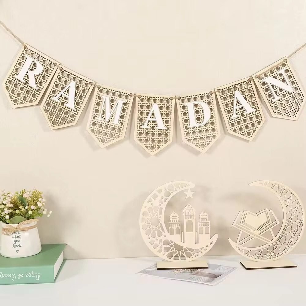 Ramadan wooden banner and table decor set with Islamic crescent and mosque design for festive home decoration