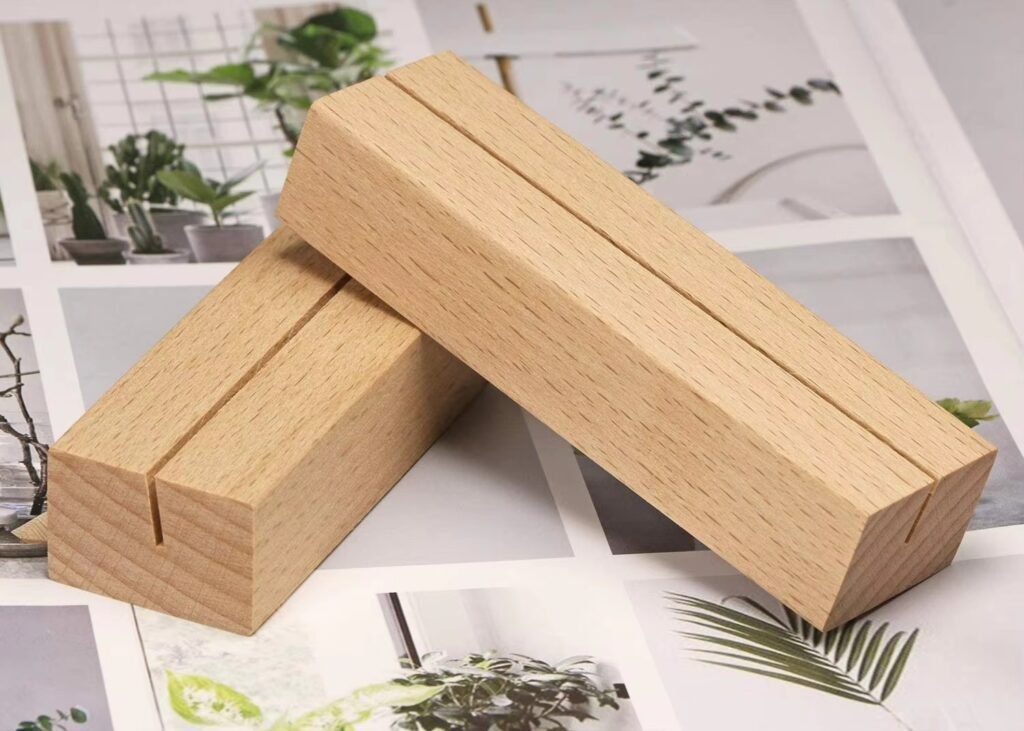 Solid wood display stand holder with slot for cards photos signs and tabletop presentation