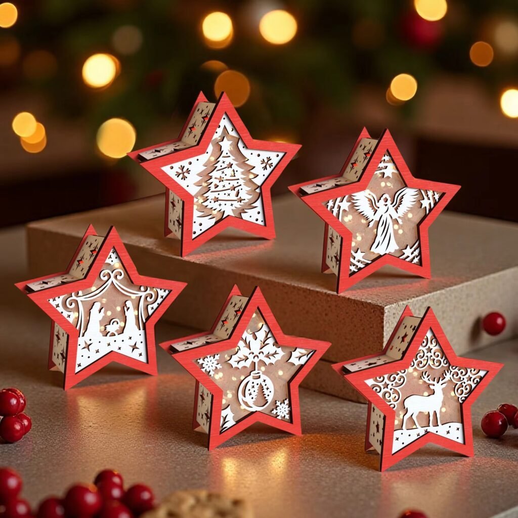 Star shaped wooden Christmas light box ornaments with layered laser cut designs and warm lighting effect