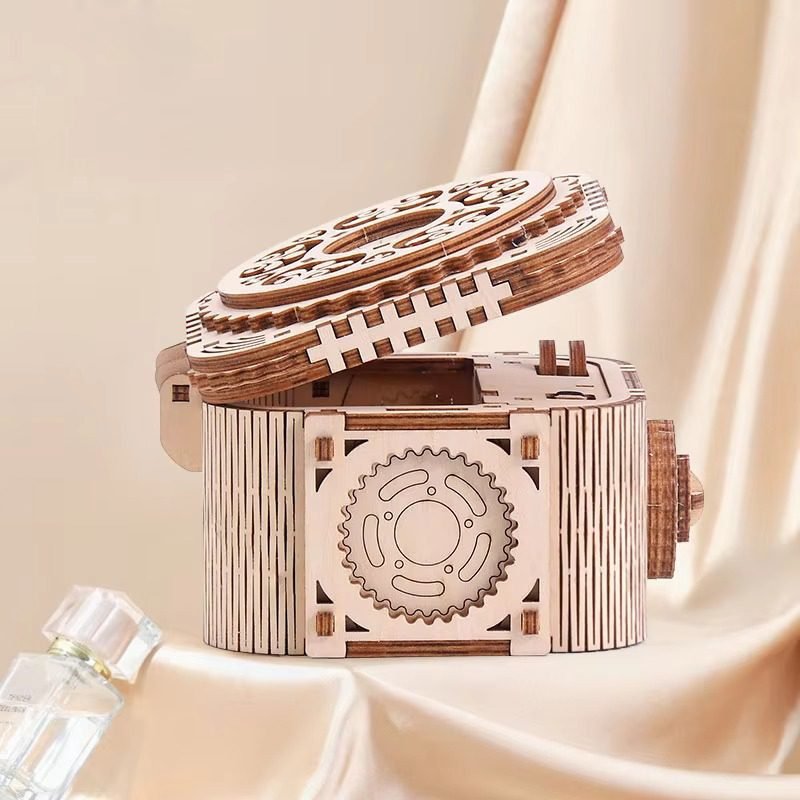 DIY wooden mechanical music box model with working gear system and hidden storage compartment