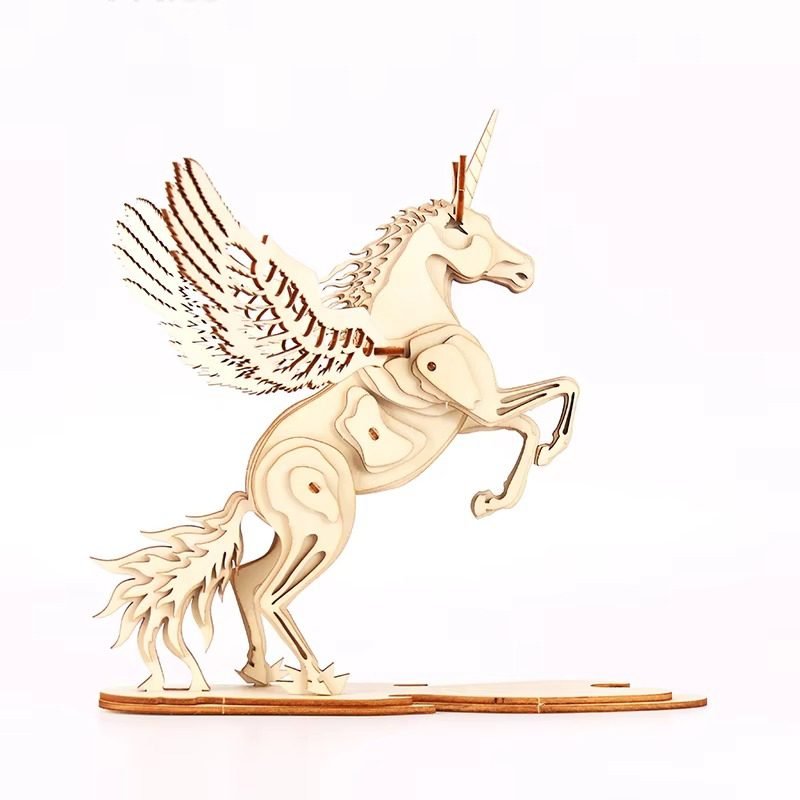 Wooden 3D Pegasus unicorn puzzle with wings, DIY fantasy model kit for gift and OEM customization