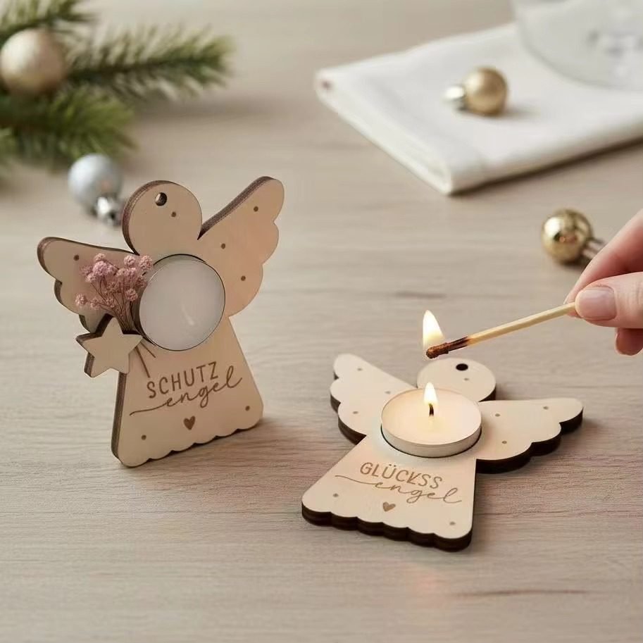 Wooden angel tealight candle holder with custom laser engraving for Christmas table decoration