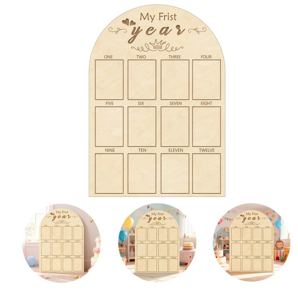 First year baby photo collage board in wood for cake smash session nursery decor and birthday table setup