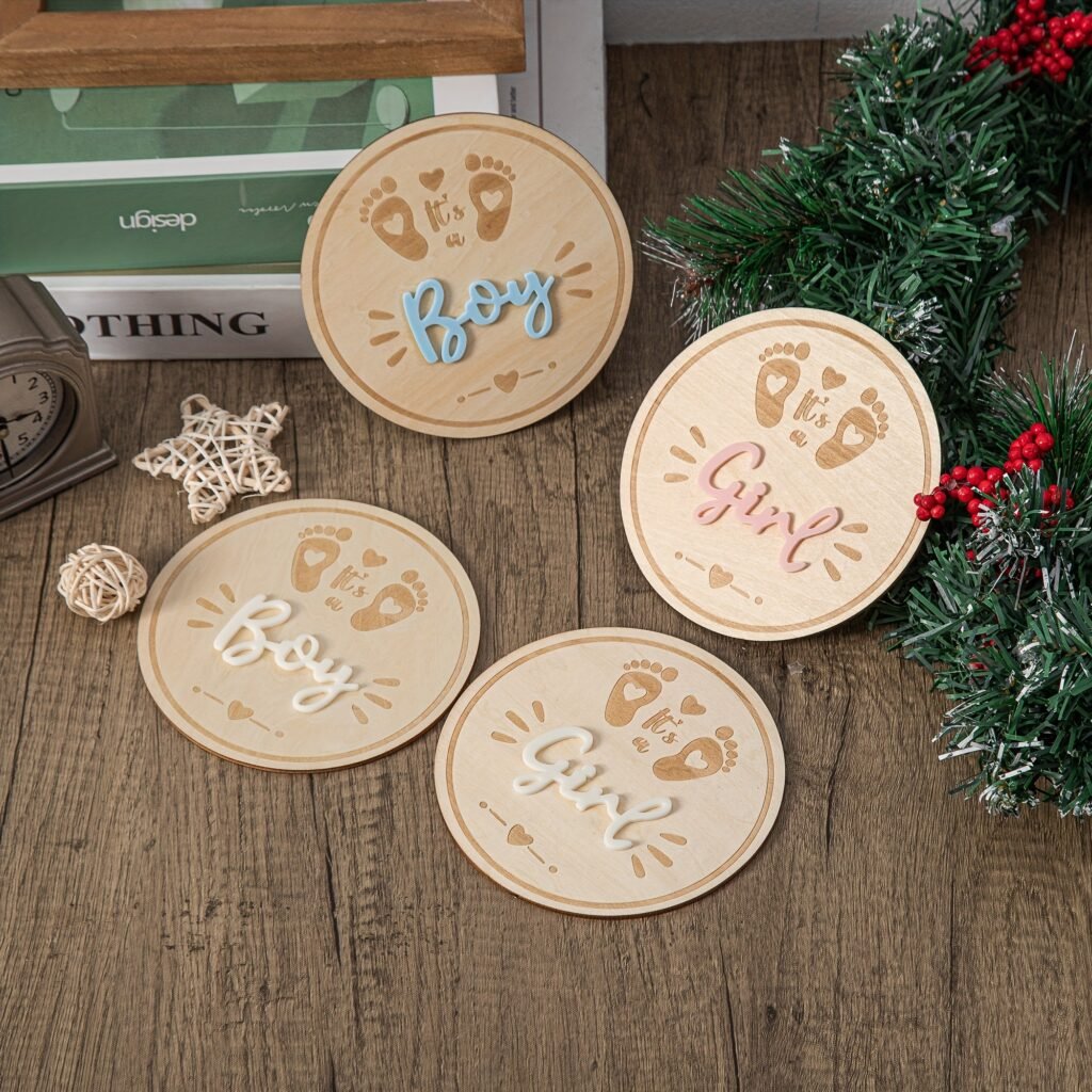 Wooden baby gender reveal discs for boy or girl party decor