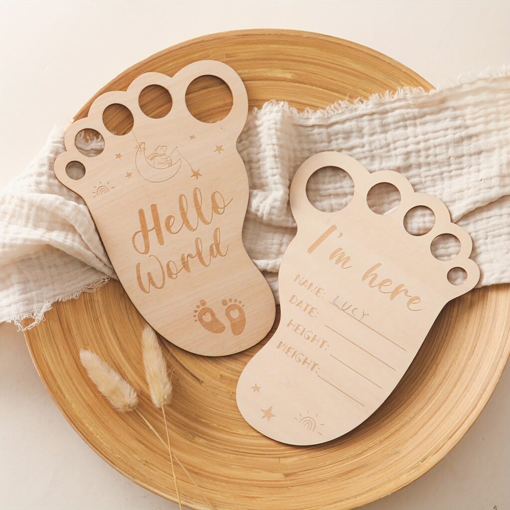 Wooden baby footprint birth announcement sign
