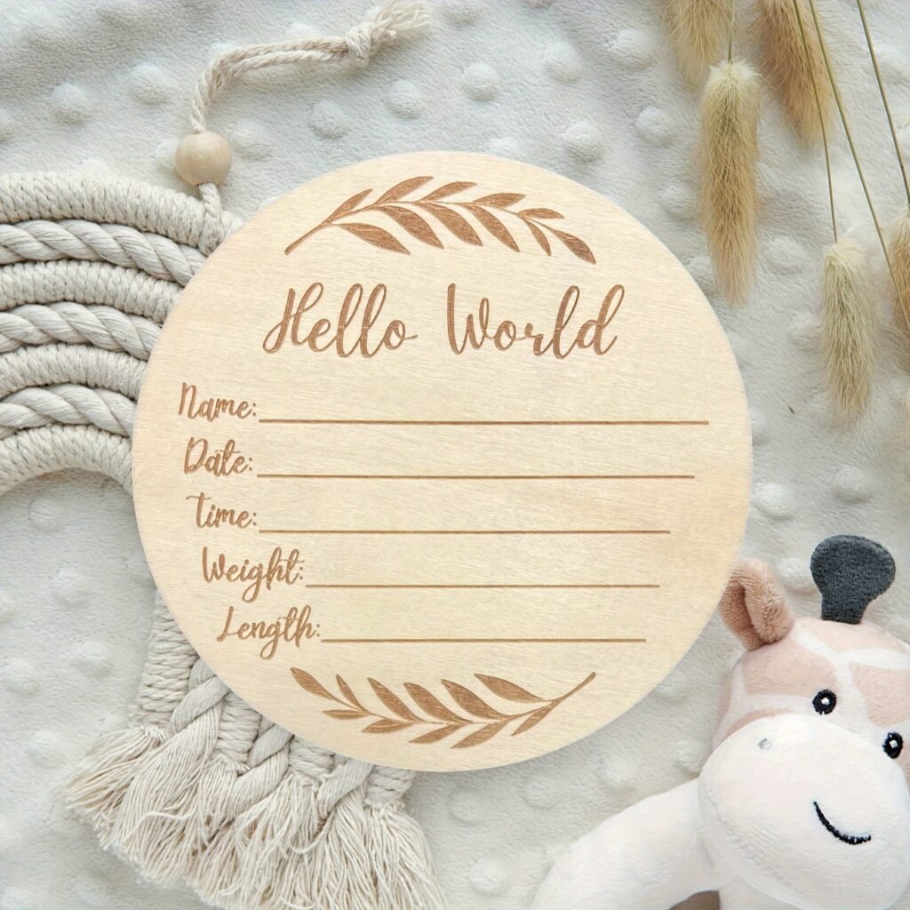 Wooden baby birth announcement sign Hello World for newborn photo props and nursery keepsake decor