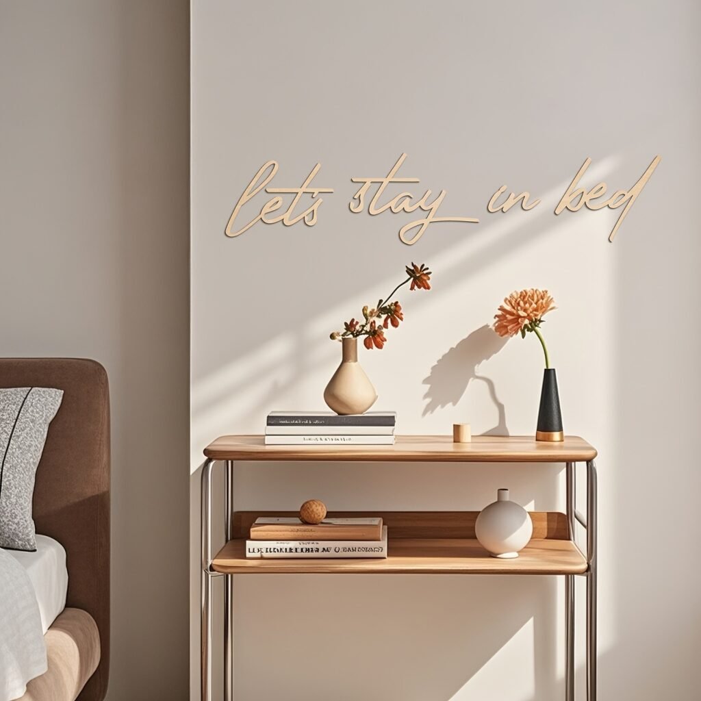 Wooden bedroom wall sign Let’s Stay in Bed for cozy bedroom decor and romantic wall art