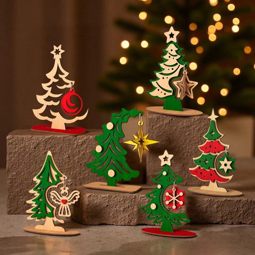 Wooden Christmas tree table decorations with hanging ornaments in DIY style using layered and color printed wood
